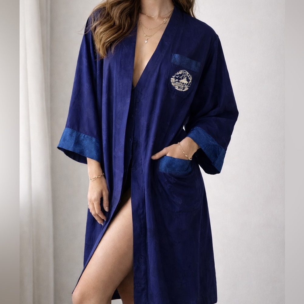 Vintage Navy Silk Jacquard Robe Kimono | Embroidered Luxe Lounge Coat